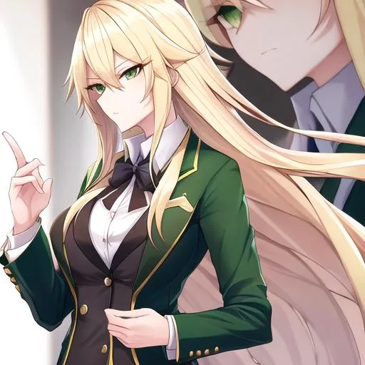 Prompt: Kazumi 1female. Long Blonde hair that stops at her shoulders. Sharp and lively green eyes. Wearing a  sleek and stylish ensemble, with a tailored blazer, crisp button-up shirt, and fashionable trousers. UHD, close up