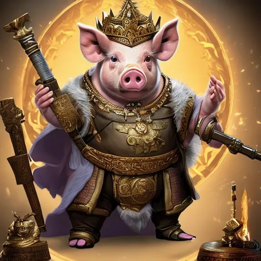 Prompt: Pig dressed as a wealthy god  holding special weapons