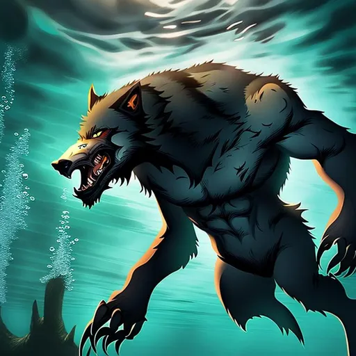 Prompt: Werewolf swimming underwater