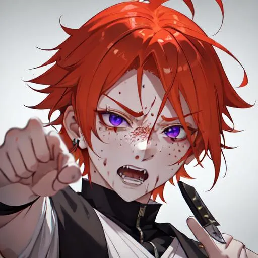 Prompt: Erikku male adult (short ginger hair, freckles, right eye blue left eye purple) UHD, 8K, Highly detailed, insane detail, best quality, high quality, covered in blood, covering his face with his hand, wide eyes, insane, fear, threatening, laughing, angry, fighting, psychopathic, anime style, pointing a knife at the viewer