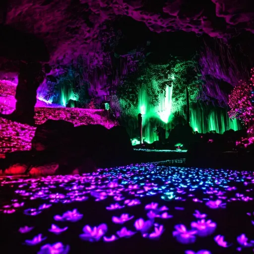 Prompt: A bed inside a dark cave surrounded by glowing flowers
