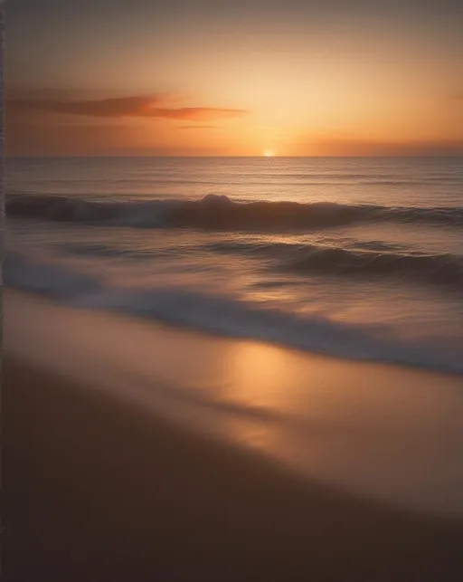 Prompt: A peaceful sunset image overlooking calm ocean waves lapping at the shore ((gently)). Shot at golden hour with warm orange lighting using a Canon 5D Mark IV with a wide angle 16-35mm lens. The mood is tranquil and meditative. In the style of Hiroshi Sugimoto.  