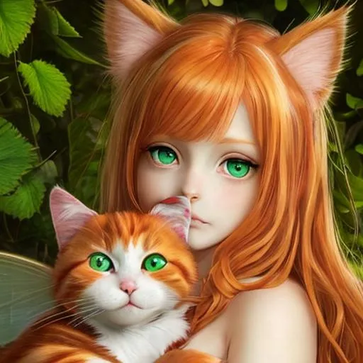 Prompt: Fairy goddess of cats, strawberry blonde  hair with calico cat traits, cat shaped nose, cat shaped  pupils in eyes, green eyes, closeup