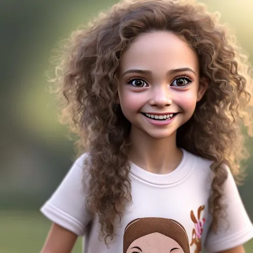 Prompt: alluring highly detailed close-up portrait of beautiful little girl with Light brown curly hair and light brown eyes, smiling wearing a  t shirt and pant outfit , very detailed, realistic, standing in table