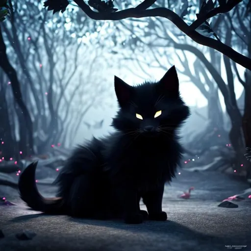 Prompt: Cute, black, pitch black fur, shadow cat, cat made of shadows, possessing the element of dark and making shadows move around in the air in a magical way. Perfect features, extremely detailed, realistic, complimentary colors, dark forest background, realistic cat, shadow aura