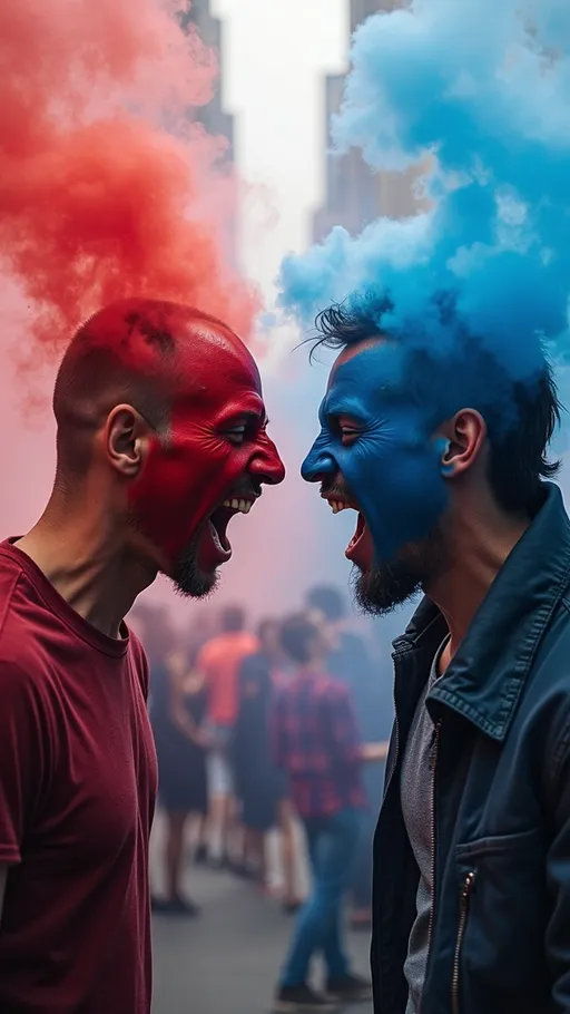 Prompt:  two diverse crowds of people face off while shouting at and arguing with each other. the group on the left are wearing red. the group on the right are wearing blue. summer day new york city. shrouded in the smoky remnants of an afternoon debate