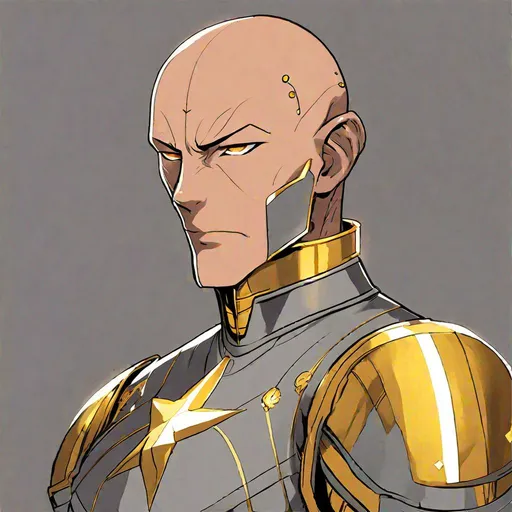 Prompt: A humanoid with a reddish skin hue and bald head. He wears a gray uniform decorated with three lines of gold on the chest. Marvel comics art. Comics art. 2d art. DC comics art. Well draw face, detailed.