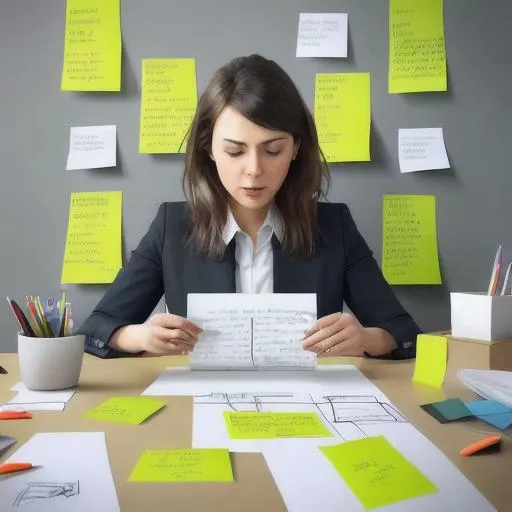 Prompt: Create a photorealistic picture that portrays a female designer who is completely surrounded by post-it notes and sketches, with a look of frustration on their face. The caption for the artwork should read "When you're the client and the designer and you can't seem to get on the same page." The female designer should be sitting at their desk, surrounded by a cluttered workspace filled with papers, markers, and other design tools. The photo style should use bold, vibrant colors to bring the scene to life, and should incorporate elements of humor and wit to capture the struggles of being a designer and their own client.