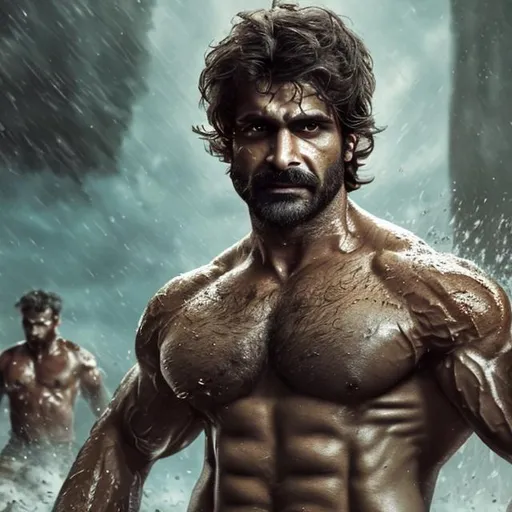 Prompt: a full scene of very sweaty hypermasculine irani army man with brown hair and with rugged handsome face wearing light blue sweatpants. very hansome thick wet chest and armpits, arena, perfect composition, hyperrealistic, super detailed, 8k, high quality, trending art, trending on artstation, sharp focus, studio photo, intricate details, highly detailed
