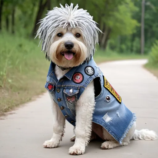 Prompt: Puli dog wearing a heavy metal music denim vest with patches