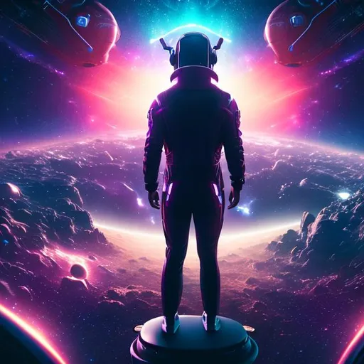 Prompt: A producer man floating in space, looking at view,  Galaxy chaos, listening to music, hyper realistic, cinematic lighting,  cyberworld, recording studio, crying, closed eyes 