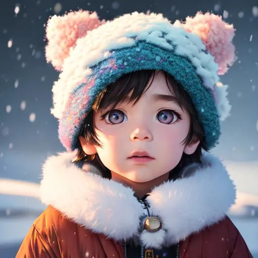 Prompt: a little boy,  colorful in the puffy snow.  pastel, glowing colorful, fluffy, silky, furry, backlit, warm tones, night-sky, moss, indigo, cream, coral, bone-white, photorealistic eyes, ornate, dynamic, volumetric lighting, hyper-realistic, cinematic, detailed, expressive, 4k UHD, immense detail, dramatic lighting, well lit, 8k, glowing, realistic, spiked hair, particulate, intricate, elegant, highly detailed, airbrush, acrylic on paper, volumetric lighting, occlusion, smooth, sharp focus, 128K UHD octane render, w more detail, ultra realistic, insane detail, cinematic, Curvaceous Light bending, fuzzy, Extremely detailed high quality, breathtaking, Award winning, colorful contrast ink painting, hyperdetailed intricate, detailed face, windy, cinematic lighting, neon light, album cover art, 128K resolution, masterfully crafted, hyperdetailed 2D vector concept art picture, vector, illustration, character concept, 2D fantasy concept art style,  fantasy art.
