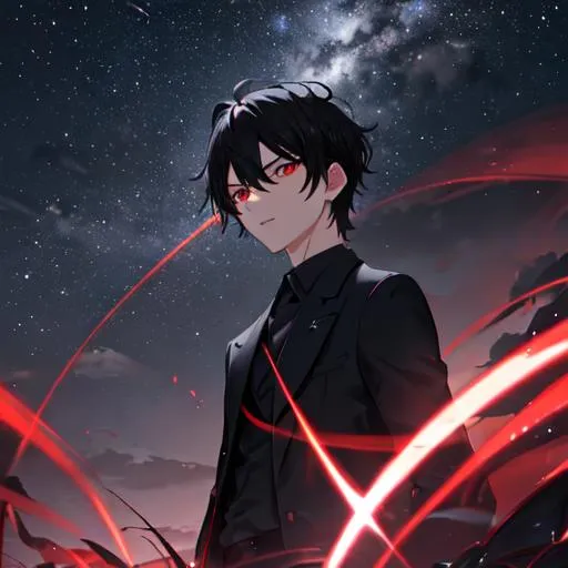 Prompt: Damien (male, short black hair, red eyes) in the park at night, casual outfit, dark out, nighttime, midnight, 8k resolution, awe inspiring, epic, ultra detailed, high resolution, include original colors, dramatic, volumetric,  extreme detail in the sky,