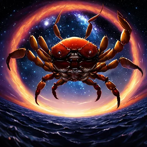 Prompt: An epic fantastic realism comic book style painting of the most beautiful spinning CRAB , launched across the dark and starry night sky,  fisheye, unreal 5, DAZ, hyperrealistic, octane render, dynamic lighting,FUNNY