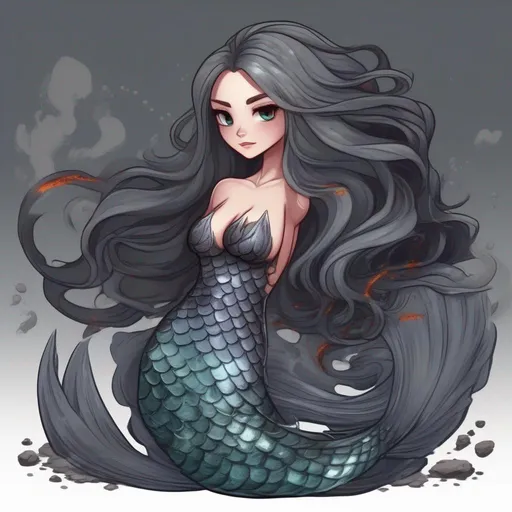 Prompt: Mermaid, dark grey mertail with magma veins, dried lava top, magma flowing hair, Abyssal Soul, masterpiece, best quality, in cartoon style