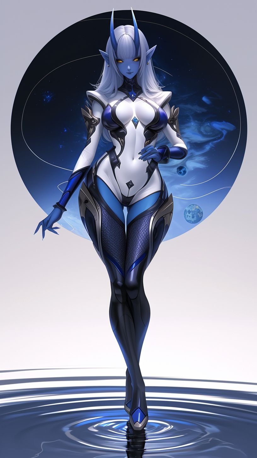 Prompt: blue skin alien female, medium dark blue hair with pale blue gradient, gold eyes, oni horns, bangs, curves, fishnet hosiery, wearing fitted sci-fi futuristic space costumes, dark white and light black, in the style of raphael lacoste, realistic, hyper-detail, edgy, gorgeous smile, dynamic sensual pose, dollcore, cartoonish characters, auroracore, black makeup, belly, black eyeliner, gorgeous, dim lighting, reflections, ultra-detailed, high definition, cosmic background, reflective glass ground