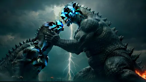 Prompt: Godzilla Inspired Monster Fighting another Giant Kaiju, New American monster Movie, Intensely Graphic, Insanely Detailed, intricately detailed, hyperdetailed, hyperrealistic, photorealism, film quality, dynamic lighting, volumetric lighting, 4K, #film, 8K resolution, firey, tornadic, thunderstorm, horror