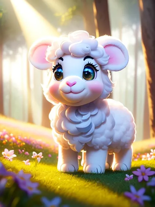 Prompt: Disney Pixar style lamb baby, highly detailed, fluffy, intricate, big eyes, adorable, beautiful, soft dramatic lighting, light shafts, radiant, ultra high quality octane render, daytime forest background, field of flowers, hypermaximalist