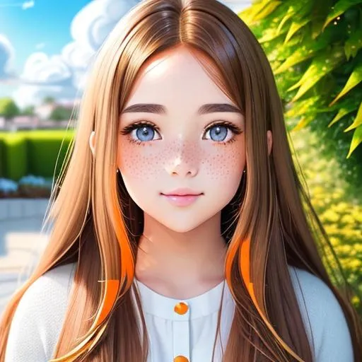 Prompt:  pls create an image of 1 girl, with brown long hair, add freckles on her face, Ultrarealistic hair strings, golden eyes, beautiful eyes, detail, a kawaii face, cute, correct anatomy, cumulonimbus clouds, lighting, detailed sky, garden, pastel mix, orange model mix, stable diffusion, pastel mix, Lora, add face details, eyelashes, oil painting, masterpiece, Dynamic range photo, UHD quality, true color, vivid display, Real Renaissance art, oil painting, HDR, 64K pixels, Super AMOLED display, High Contrast, Lord of the rings, Game of Thrones, golden light, angel, details on face, details on background, ultrarealistic fantasy background, 