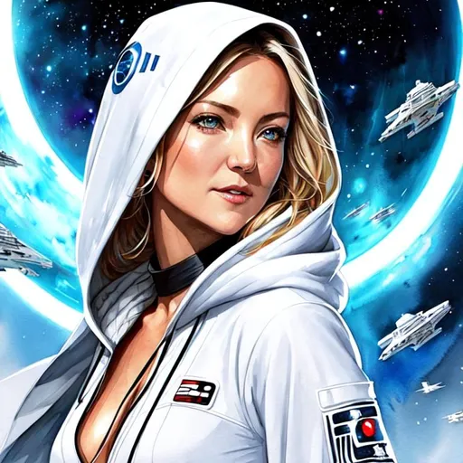 Prompt: Sticker of Kate Hudson from Star Wars, half body visible, choker, white tribal hooded robe, comic style, Spaceships, Kim Jung Gi, soul, digital illustration, perfect anatomy, centered, approaching perfection, dynamic, highly detailed, watercolor painting, artstation, concept art, smooth, sharp, focus, illustration, art by Carne Griffiths and Wadim Kashin,