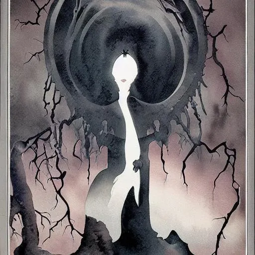 Prompt: Doom metal poster, dark, eerie, monochromatic watercolor, woman figure by Roger Dean, by belsinski