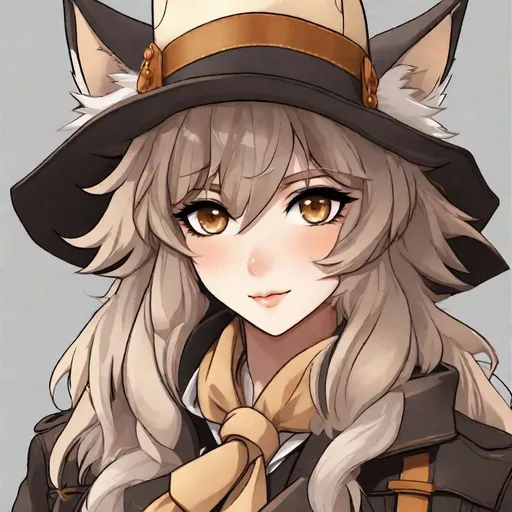 Prompt:  small-framed glamrock wolf human, with deep-set light brown eyes. They identify as female, and have a monotonous voice. As an accessory, they have a hat, and they can be seen wearing ribbons. Anime style. 