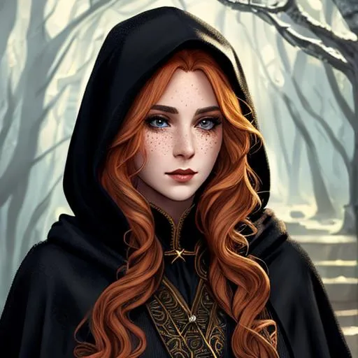 Prompt: dnd, elf, portrait, long curly hair, female, Illustration, black hood and robes, scars, freckles