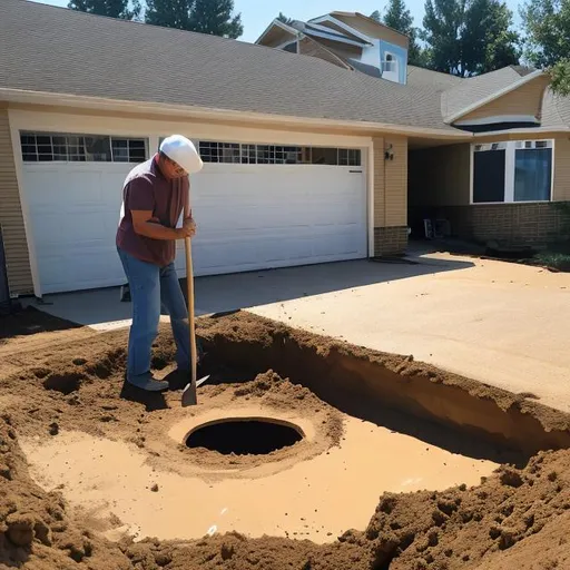 Prompt: a frustrated homeowner standing over a hole with a shovel

