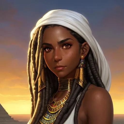Prompt: realistic portrait of a dnd young woman egyptian, tanned skin, dreadlocked hair, shaved temples, D&D, dark hair, highly detailed, concept art, smooth, art by artgerm and greg rutkowski and alphonse mucha and simon stalenhag, ambient lighting, fantasy, full view, close up to face, highly detailed face, cute face, highly detailed face,