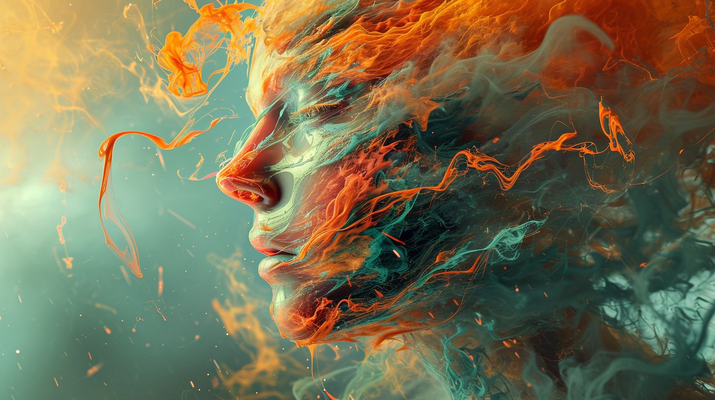 Prompt: 3d digital art best of digital art of the week | 3d animation video art digital arts, in the style of fluid and flowing lines, naturalistic portraits, abundant paint, jon foster, light orange and dark cyan, body extensions, multi-layered