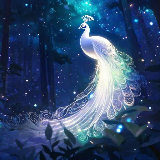 Prompt: A white elegant translucent peacock that is glowing, in a forest, beneath the stars, highres, best quality, concept art