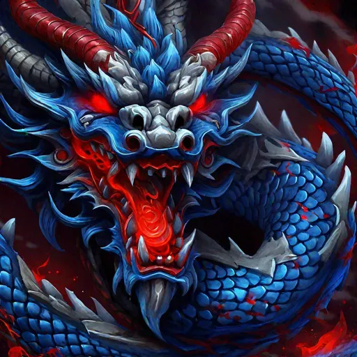 Prompt: Chinese Dragon, blue scales, skull-like face with red glowing eyes and red glowing fanged mouth, wreathed in eerie blue ghost flames, masterpiece, best quality 