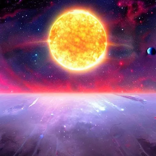 Prompt: Digital art epic perspective background or wallpaper art, brightly colored galaxies, planets, sun, moons and stars, Street art,  background art. Epic perspective ultra detailed digital art