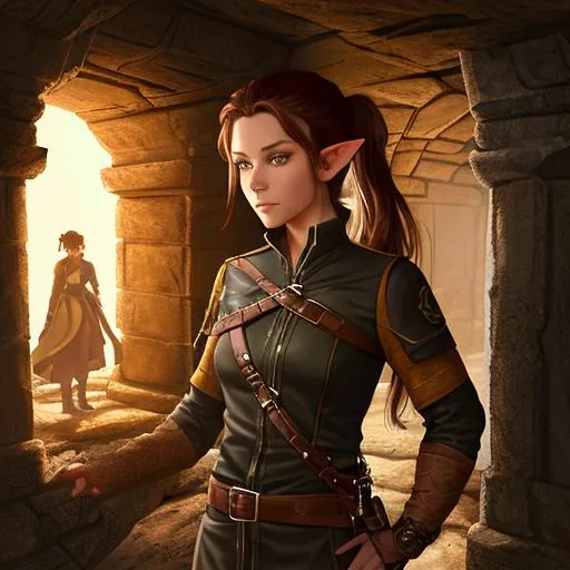 Prompt: panned out view of character, portrait of a female elf rogue with dark auburn hair tied in a ponytail and dark tan-colored skin, wearing leather armor and with fabric clothing, with tactical leather straps and buckles, small smile, magic aura, standing inside a dark underground ancient crypt seeking treasure, super detailed, hyperrealistic, trending art, trending on artstation, highly detailed, greg rutkowski, perfect composition, intricate details, HD, fantasy
