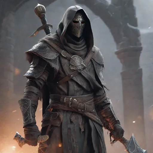 Prompt: 6'3, grey skin covered in bandages, zombie male, with face completely covered with dark robed light armor with a dark mask that covers everything but his eyes with a massive brand tattoo wrapping around his left arm modeled after a  barbarian warlock using a very large axe based on dungeons and dragons fifth edition 
