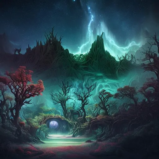 Prompt: Create an otherworldly landscape merging elements of a lush forest and a celestial night sky, capturing the essence of enchantment and mystery.