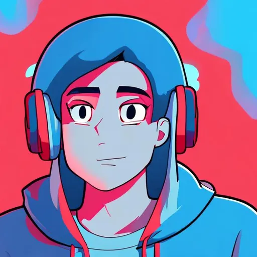 Prompt: Animated Male Charecter
Wearing a Blue hoodie red shirt under it and Blue pants  and shes sleeping in her room with headphones full body
