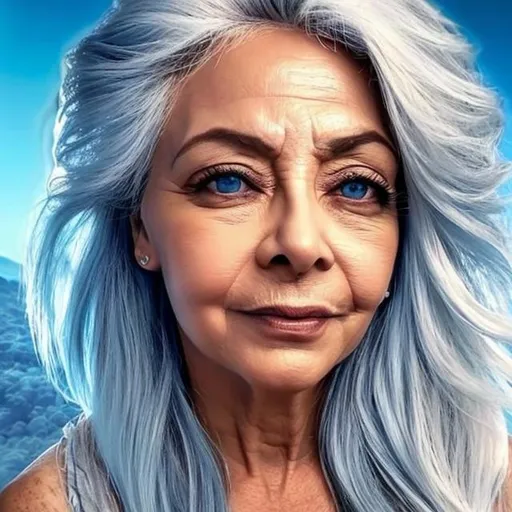 Prompt: olhos de coruja, mulher deusa, branco, sereno, cabelos floridos, pele suave, fundo desvanece, linda, fundo azul claro