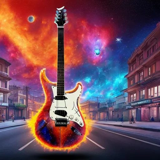 Prompt: panoramic view of a guitar player dressed as an authentic turkey, on the street corner, vanishing point perspective, galaxy and nebula background