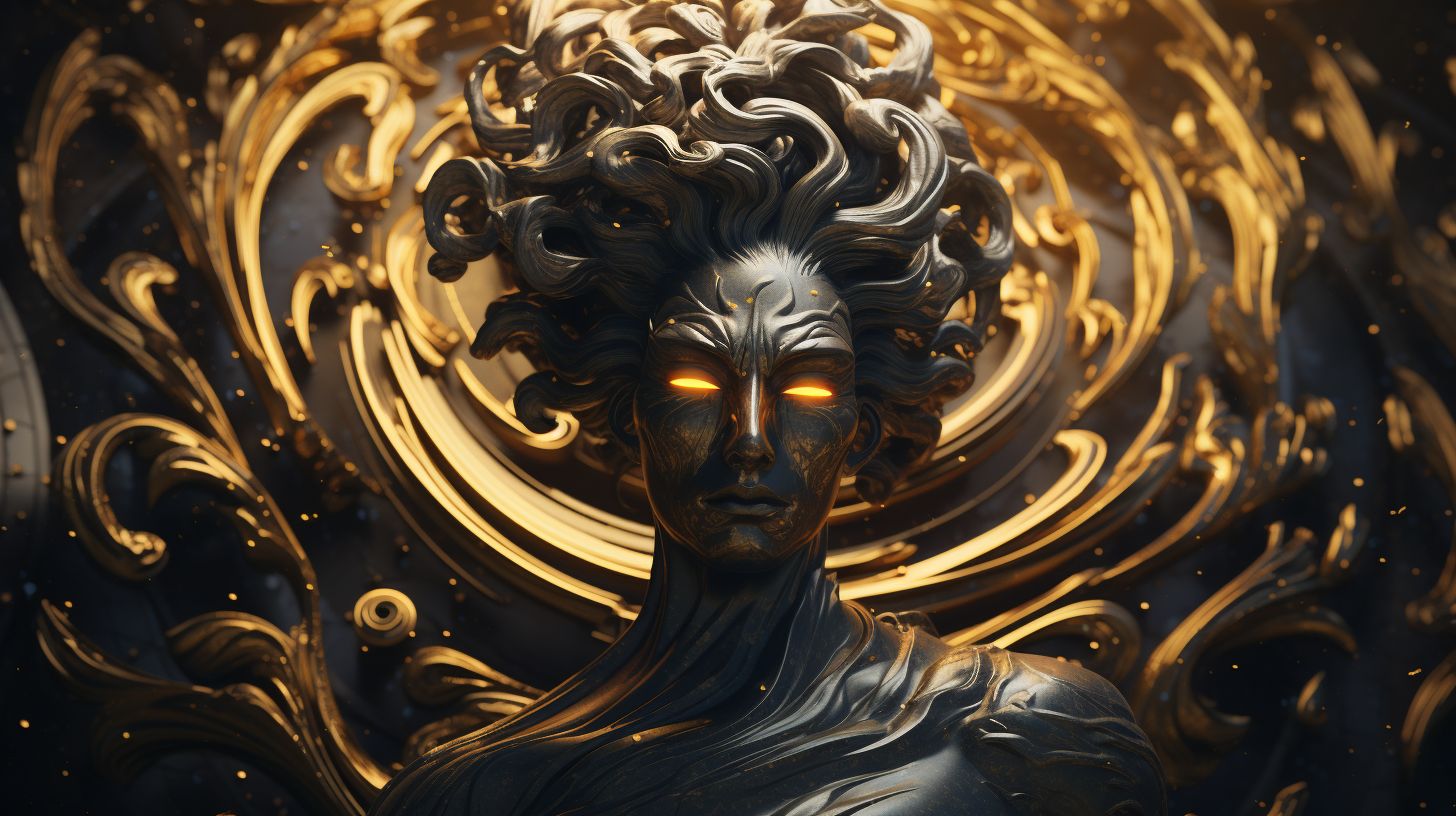 Prompt: a statue of shiv in a black and gold swirl, in the style of cyril rolando, unreal engine 5, uhd image, caras ionut, primitive forms, whirly, dynamic energy