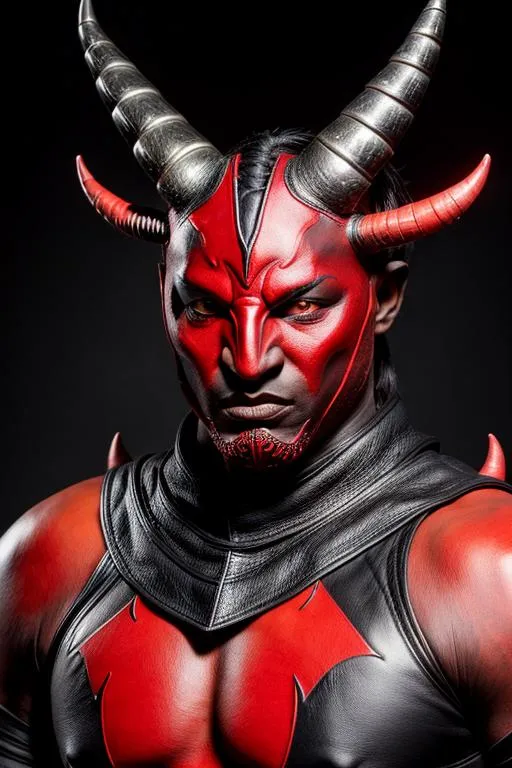 Prompt: Photorealistic D'Norr Devil man, Red Skin and eyes, Black markings on face and body, Black horns with red tips, Red and Black Leather Style Armor, Intricately Detailed, Hyper Detailed, Hyper Realistic, Volumetric Lighting, Beautiful coloring and face detail