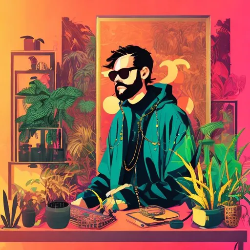 Prompt: Sven, DJ, Swedish, Blonde, Beard, Houseplants, sunglasses, pancho, turtleneck, anime, poster, psychedelic colors, Danish modern house, desktop background, gold chain, deep house