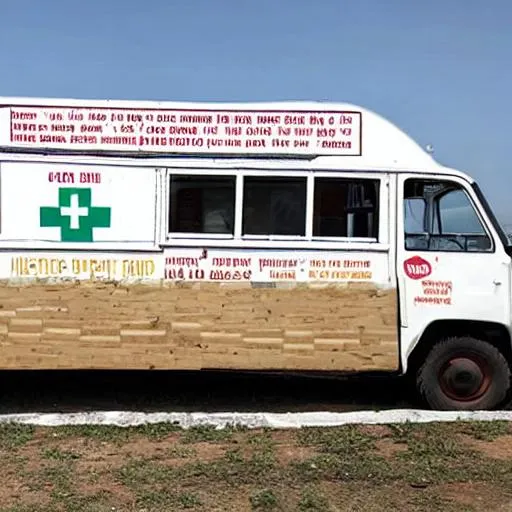 Prompt: A former food van that has been converted into a mobile medical clinic which offers basic healthcare products and services. The van is powered by solar panels and has advertisements for businesses on its sides.