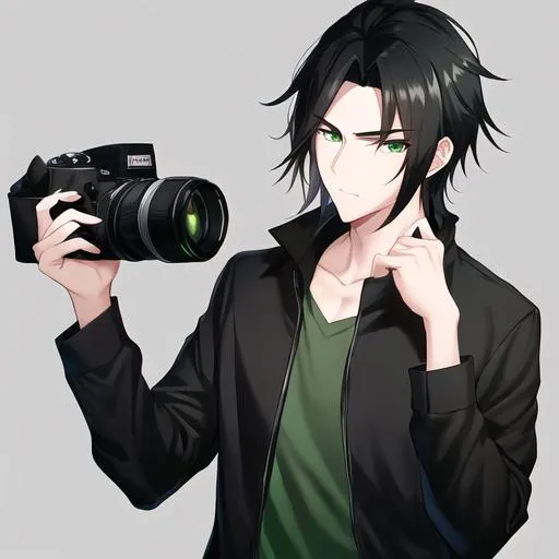 Prompt: Caleb 1male. Sleek black hair, stern and lively green eyes. Wearing a cool and casual, relaxed fit with a trendy design. UHD. As a Photographer, holding a camera. Highly detailed