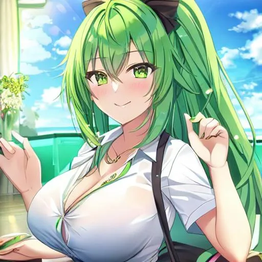 Green hair,lime eyes,smug smile waifu girl OpenArt