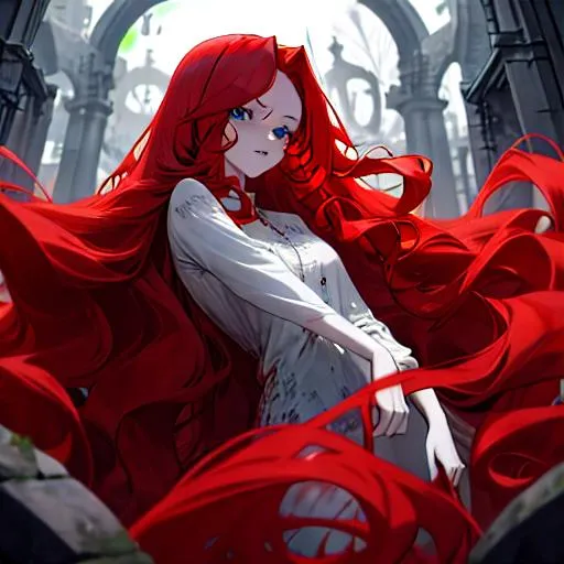 Prompt: Haley 1female. Long red hair styled in loose, voluminous curls, adding a touch of fiery allure to her look. Sunken blue eyes, captivating and full of mystery. Highly detailed face. 8K. UHD.  Ghastly pale, decaying skin. Wearing  tattered, blood-stained clothes. in a graveyard posing for the camera. Young adult. As a zombie