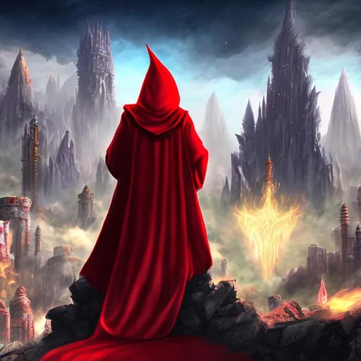 Prompt: Red hooded wizard with white robes and dark grey skin drawn in a 70s fantasy art style facing the camera. in the back ground three sundered towers lie in ruins