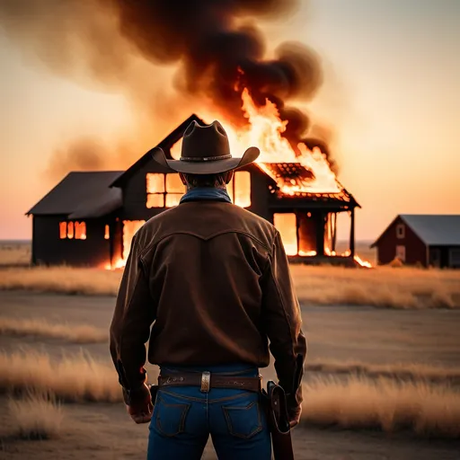 Prompt: A Cowboy from behind, watching a burning house as the sun is coming down