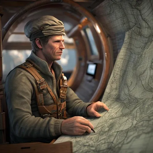 Prompt: Render a realistic 3D scene on the ship's deck with First Mate Rourke engrossed in studying a beautifully detailed map. Pay careful attention to his facial features, capturing the determination in his expression and adding realistic textures to his clothing and surroundings.