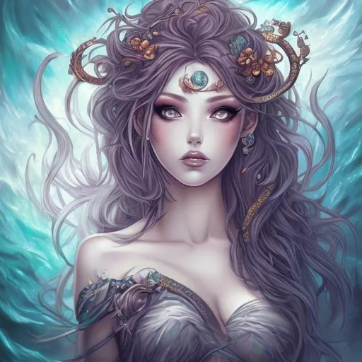Prompt: portrait of a beautiful  woman (siren core). (fantasy) anime style drawing